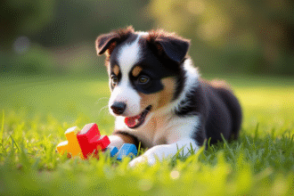 Chiot border collie jouant avec un jouet coloré dans l'herbe
