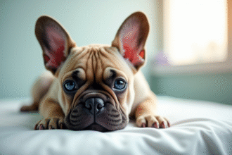 Chiot bulldog francais sur table d'examen vet
