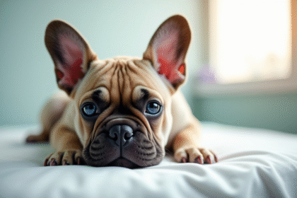 Chiot bulldog francais sur table d'examen vet