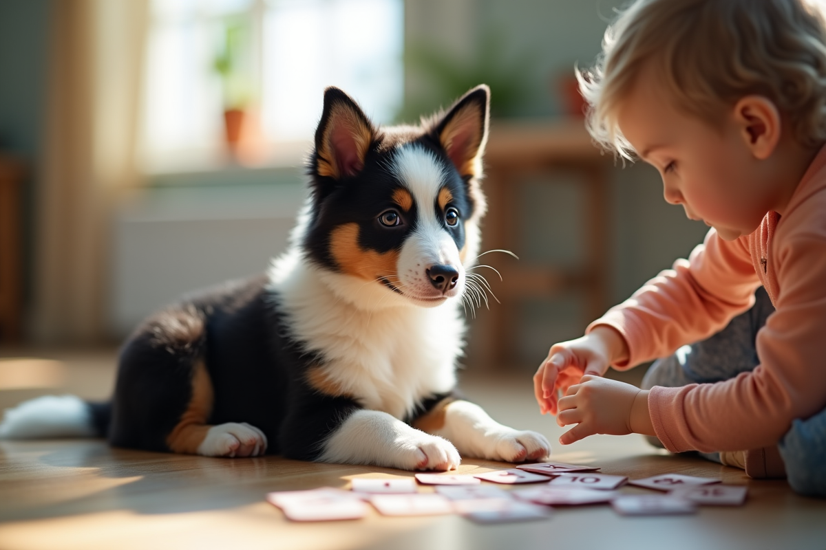 Chiot border collie avec un enfant jouant avec des cartes