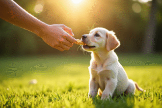 Miniature de chiot labrador assis sur l'herbe ensoleillée