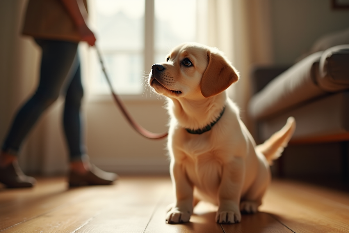 Chiot labrador regardant en intérieur avec maître et laisse