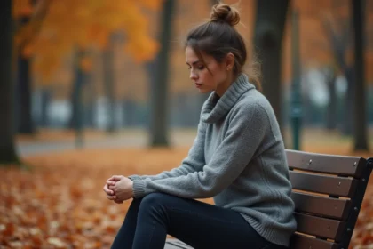 Femme mélancolique assise seule sur un banc de parc en automne, tenant ses mains croisées avec une expression de tristesse apaisée