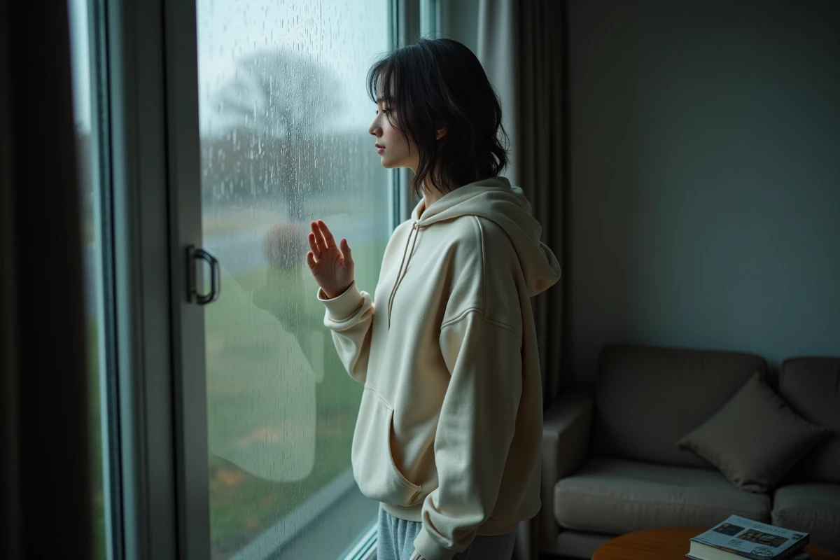 Jeune femme debout près d'une fenêtre sous la pluie, la main posée sur le verre, regardant au dehors avec une expression de tristesse douce et silencieuse