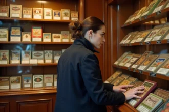 Femme examinant des boîtes de cigarillos dans une civette parisienne au comptoir en bois