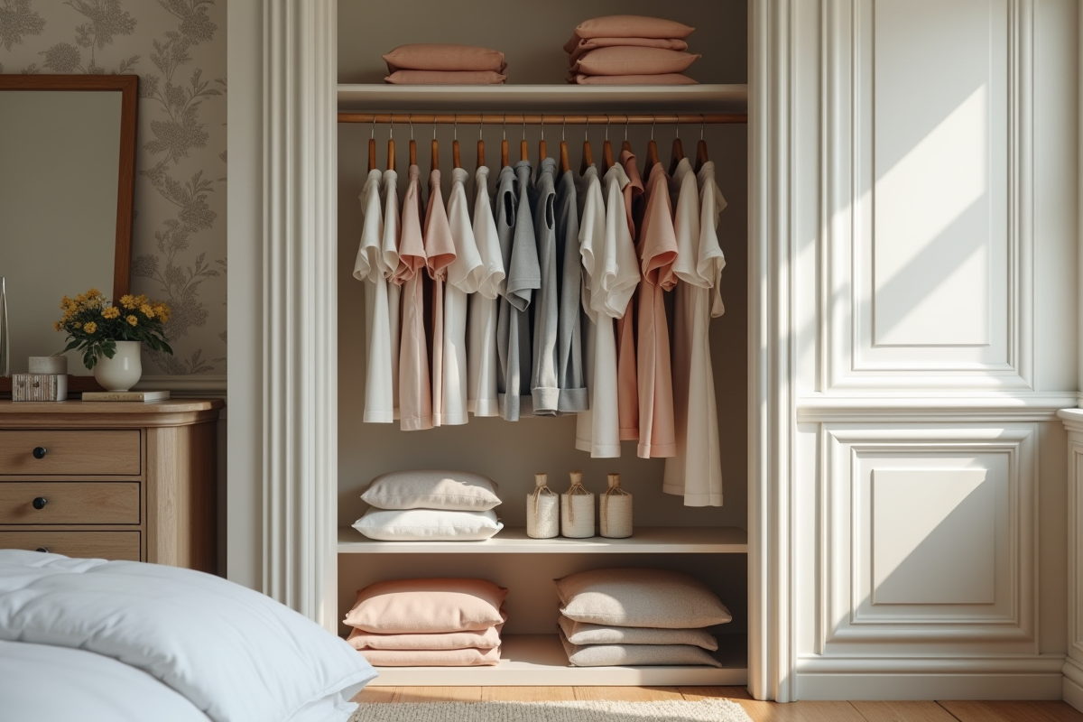 Closet ouvert avec vêtements pliés et penderies dans une chambre lumineuse