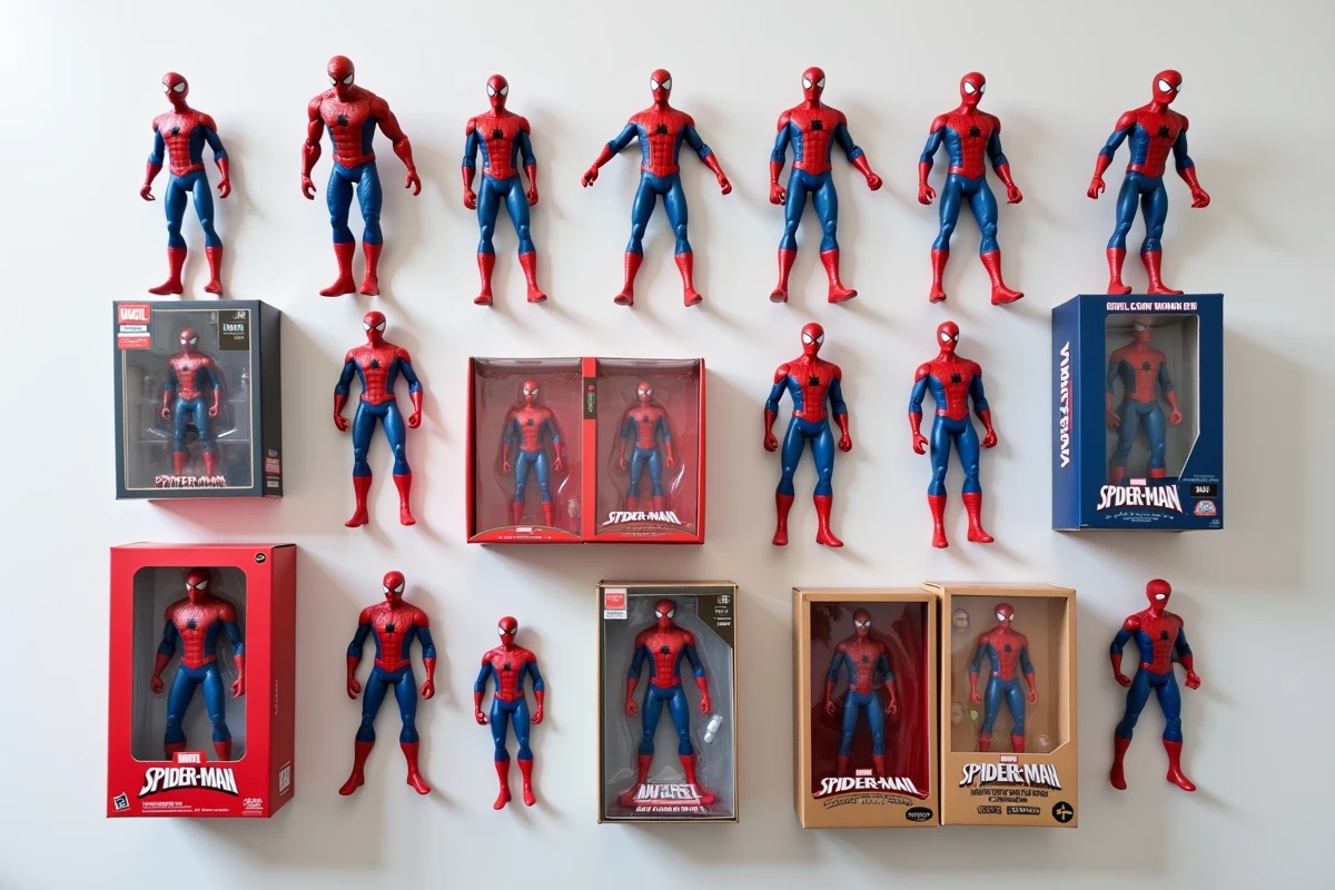 Vue aérienne de plusieurs figurines Spider-Man 2026 avec leurs boîtes collector originales disposées à plat sur fond blanc