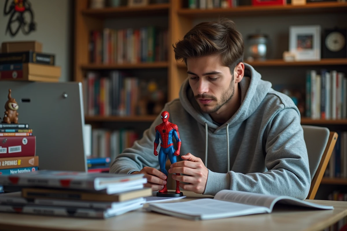 Jeune collectionneur masculin examinant une figurine Spider-Man édition limitée à son bureau entouré de guides et magazines de collection