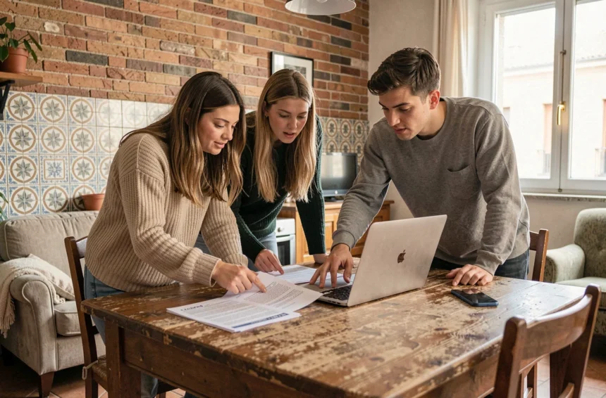 Trois colocataires jeunes adultes autour d'une table en bois dans un appartement italien, consultant des annonces immobilières sur ordinateur portable