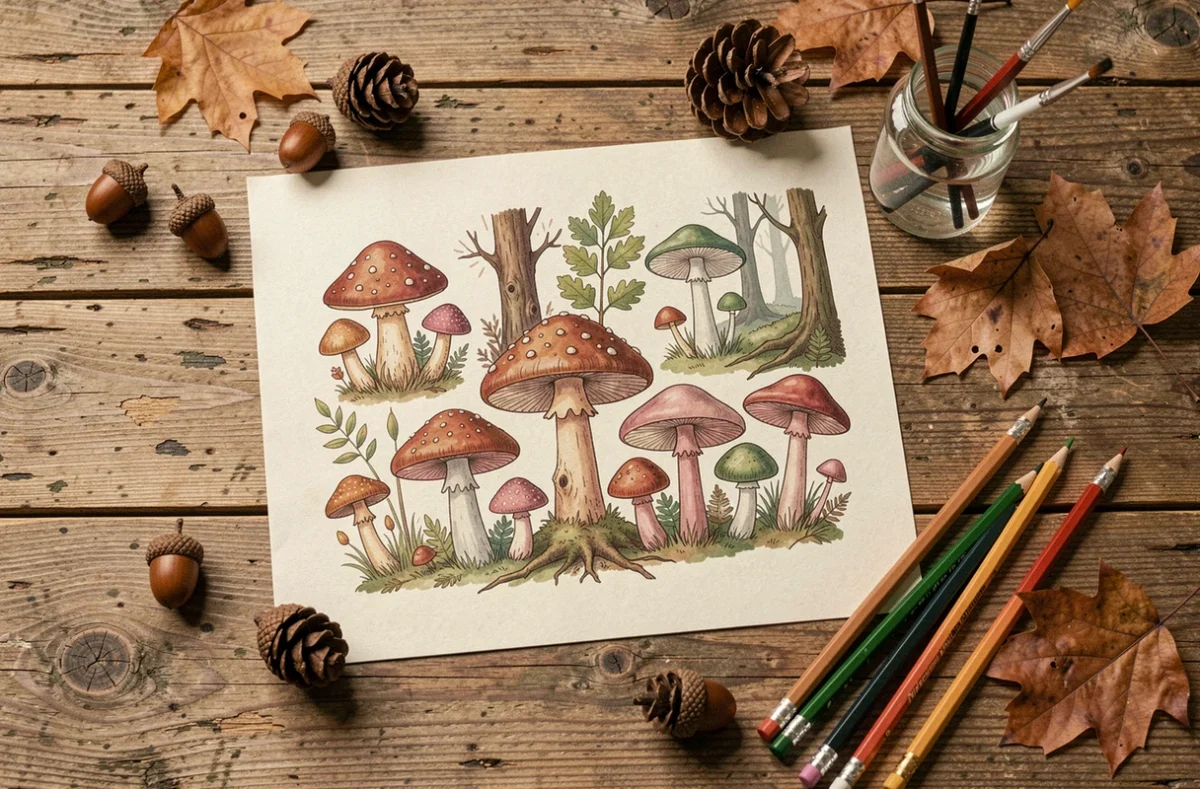 Illustrations de champignons magiques coloriés à la main avec des accessoires naturels sur une table en bois rustique