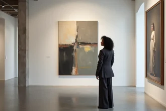 Commissaire d'exposition devant une œuvre d'art contemporain abstrait en contraste avec une peinture classique dans une galerie moderne