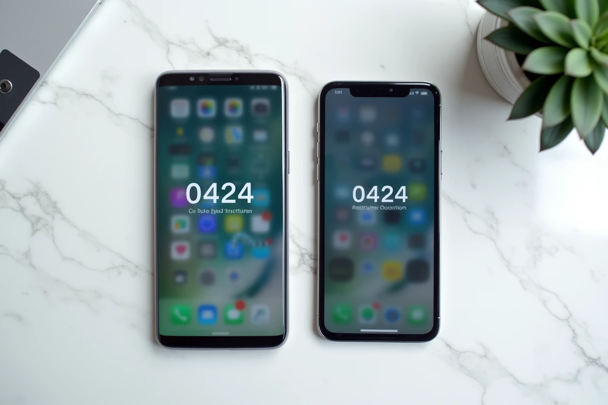 Vue comparative de deux smartphones Android et iPhone affichant les paramètres de blocage d'appels en 0424