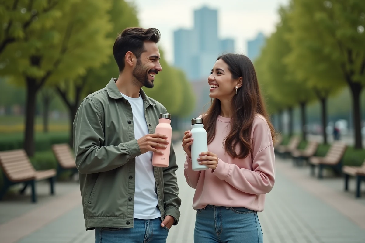 Deux jeunes adultes comparant des gourdes Air Up dans un parc urbain, illustrant le choix d'achat avec ou sans code promo Inoxtag