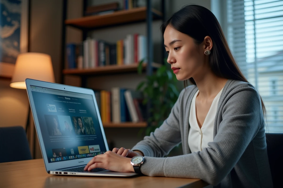 Femme comparant deux interfaces de plateformes de streaming sur ordinateur portable à domicile