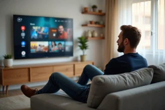 Homme comparant des plateformes de streaming sur sa télévision dans un salon moderne
