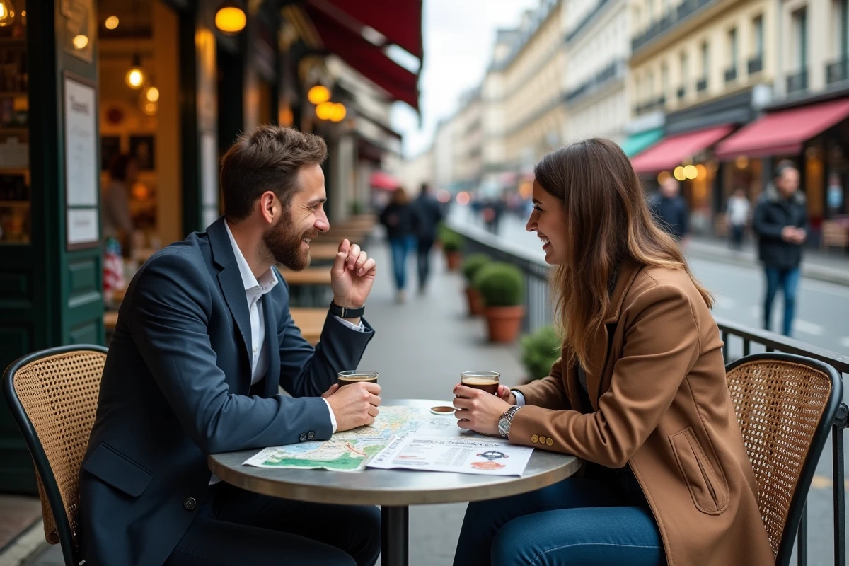 Deux amis comparant les prix des civettes parisiennes autour d'un café en terrasse