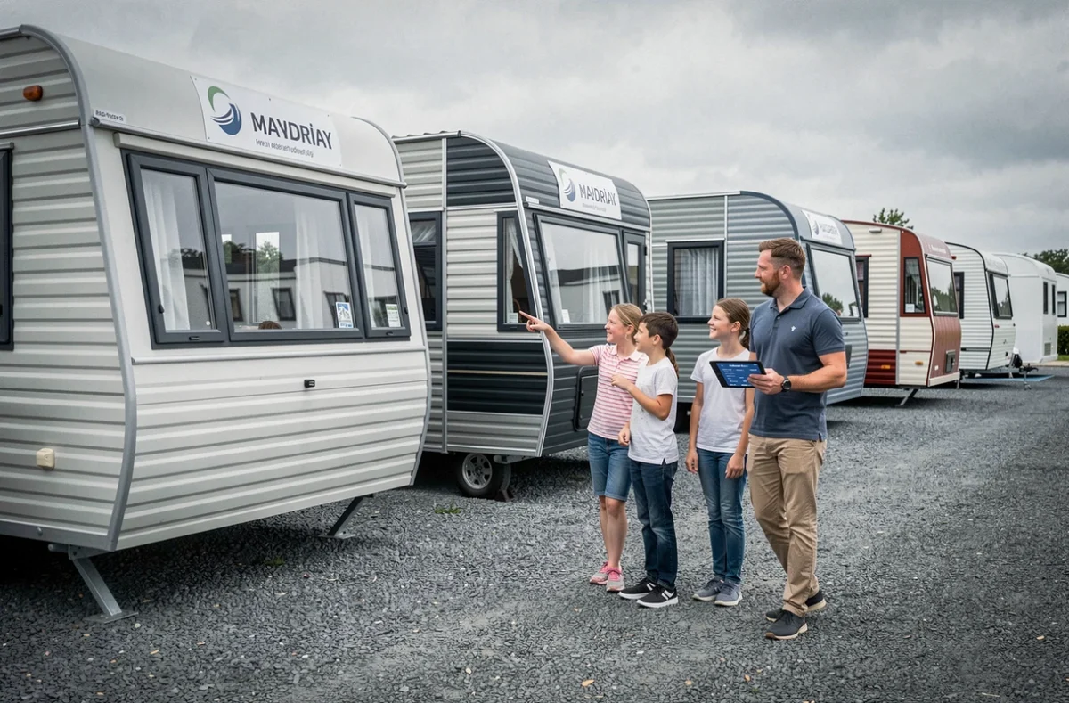 Rangée de mobil-homes de différentes marques exposés chez un concessionnaire, un vendeur présentant les modèles à une famille