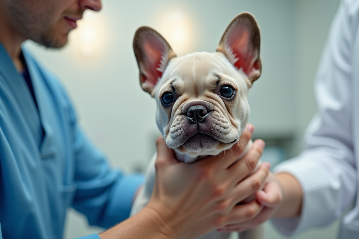 Veterinaire examine doucement un chiot bulldog