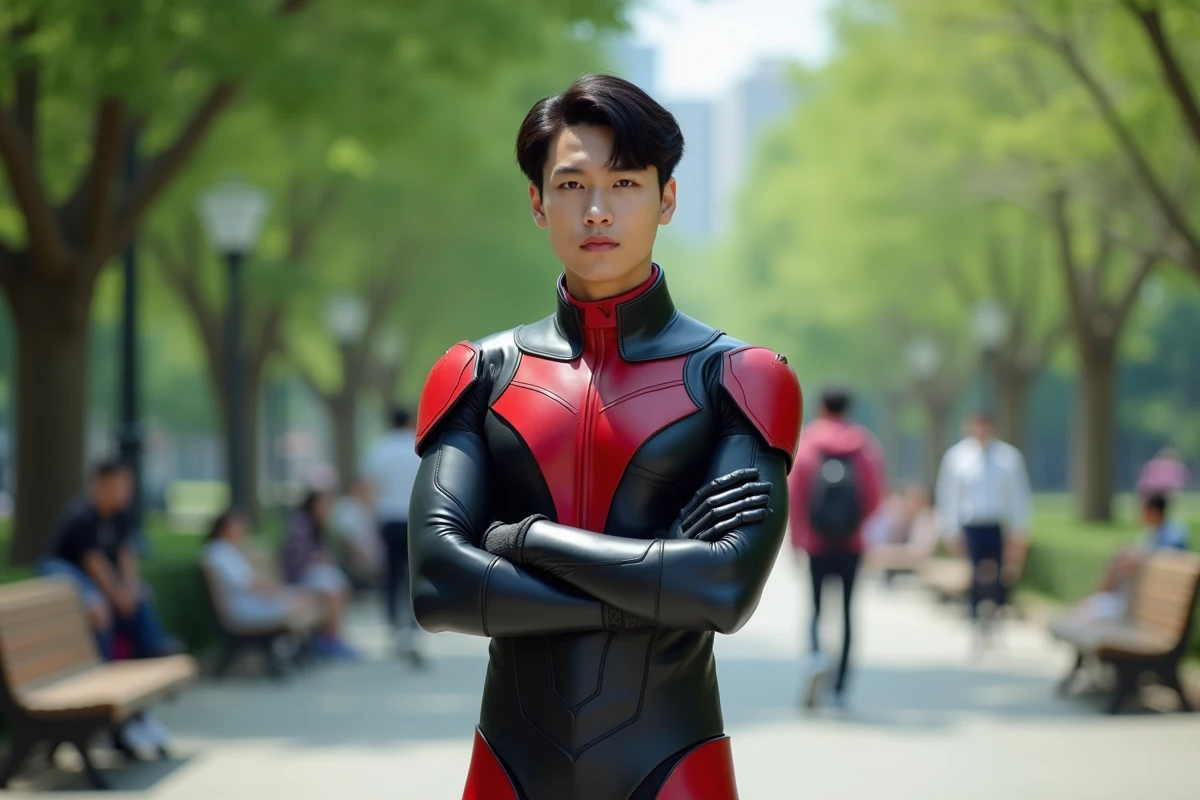 Cosplayer déguisé en Android 17 dans un parc urbain