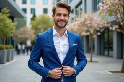 Homme en costume bleu dans un cadre urbain dynamique