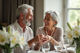 Couple mature échangeant des perles dans une salle élégante