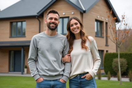 Couple souriant devant une maison moderne Natilia en bois