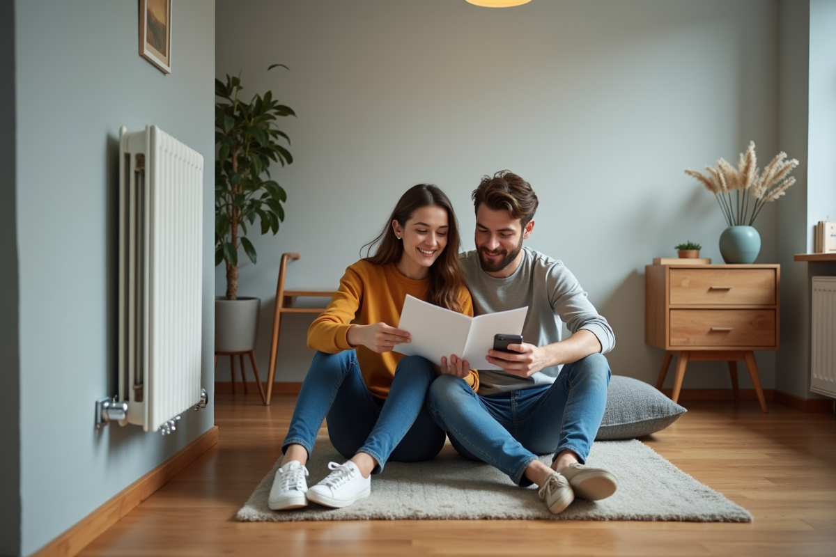Jeune couple examinant un radiateur électrique dans leur salon