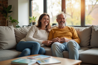 Couple heureux dans un salon Airbnb lumineux