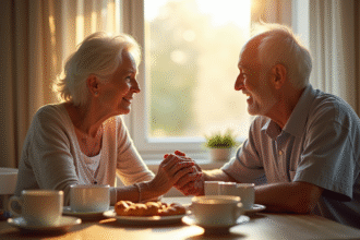 Couple senior souriant partageant un petit déjeuner ensoleille