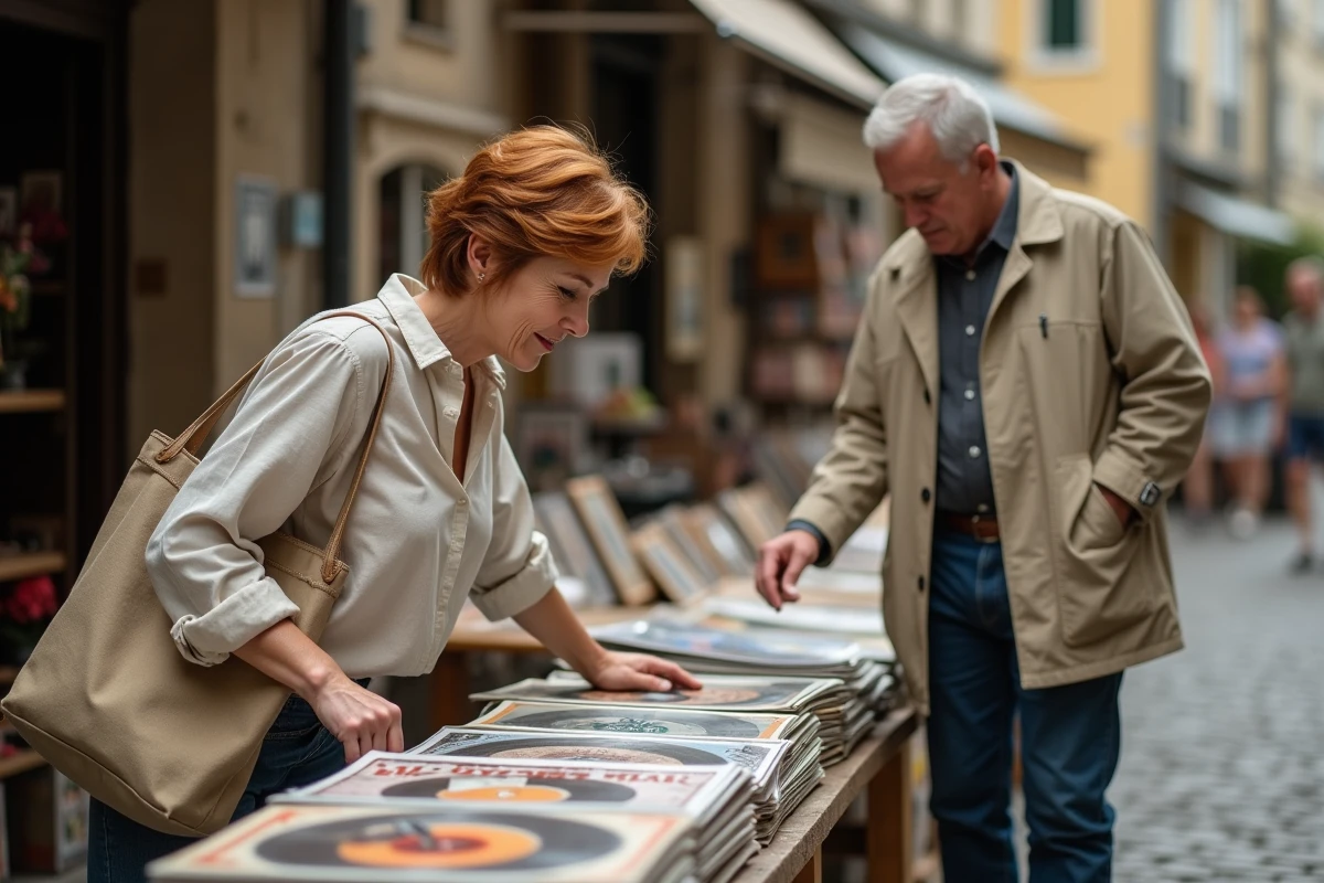 Couple de quinquagénaires inspectant des vinyles et magazines anciens sur un stand de vide grenier en Morbihan