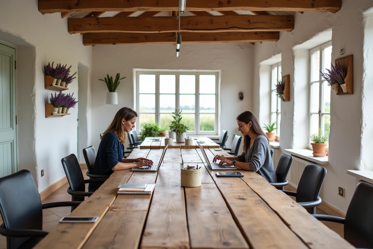 Espace de coworking rural aménagé dans une ferme rénovée avec vue sur un champ de lavande, télétravail à la campagne