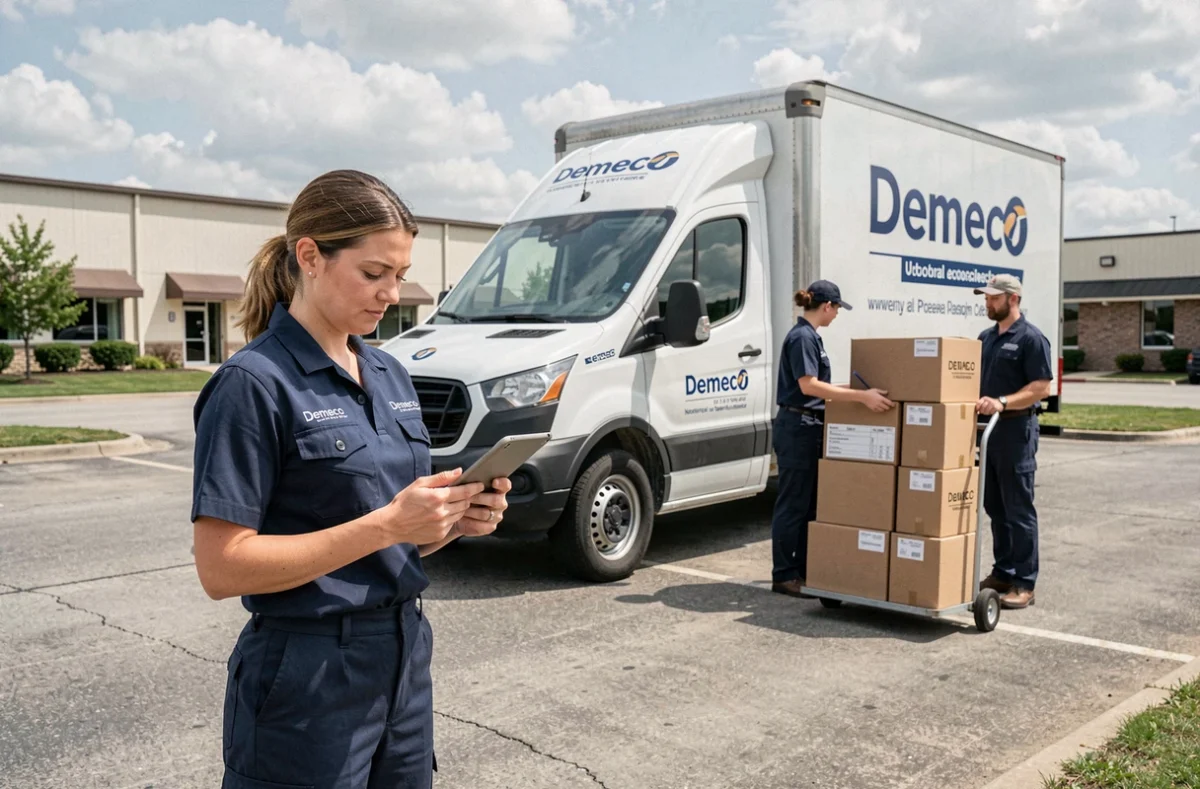 Coordinatrice Demeco supervisant un déménagement depuis un camion de réseau national à Pau