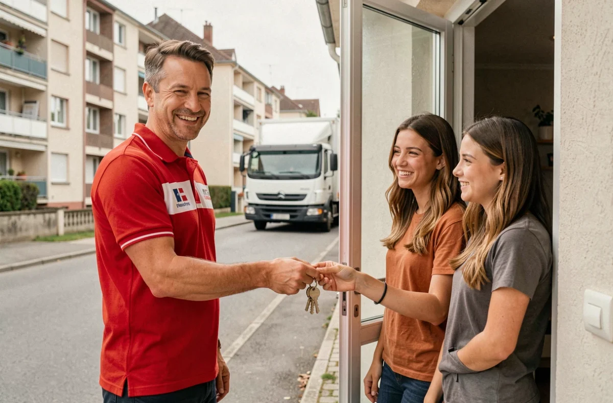 Déménageur des Déménageurs Bretons Pau remettant les clés à un couple après un déménagement réussi