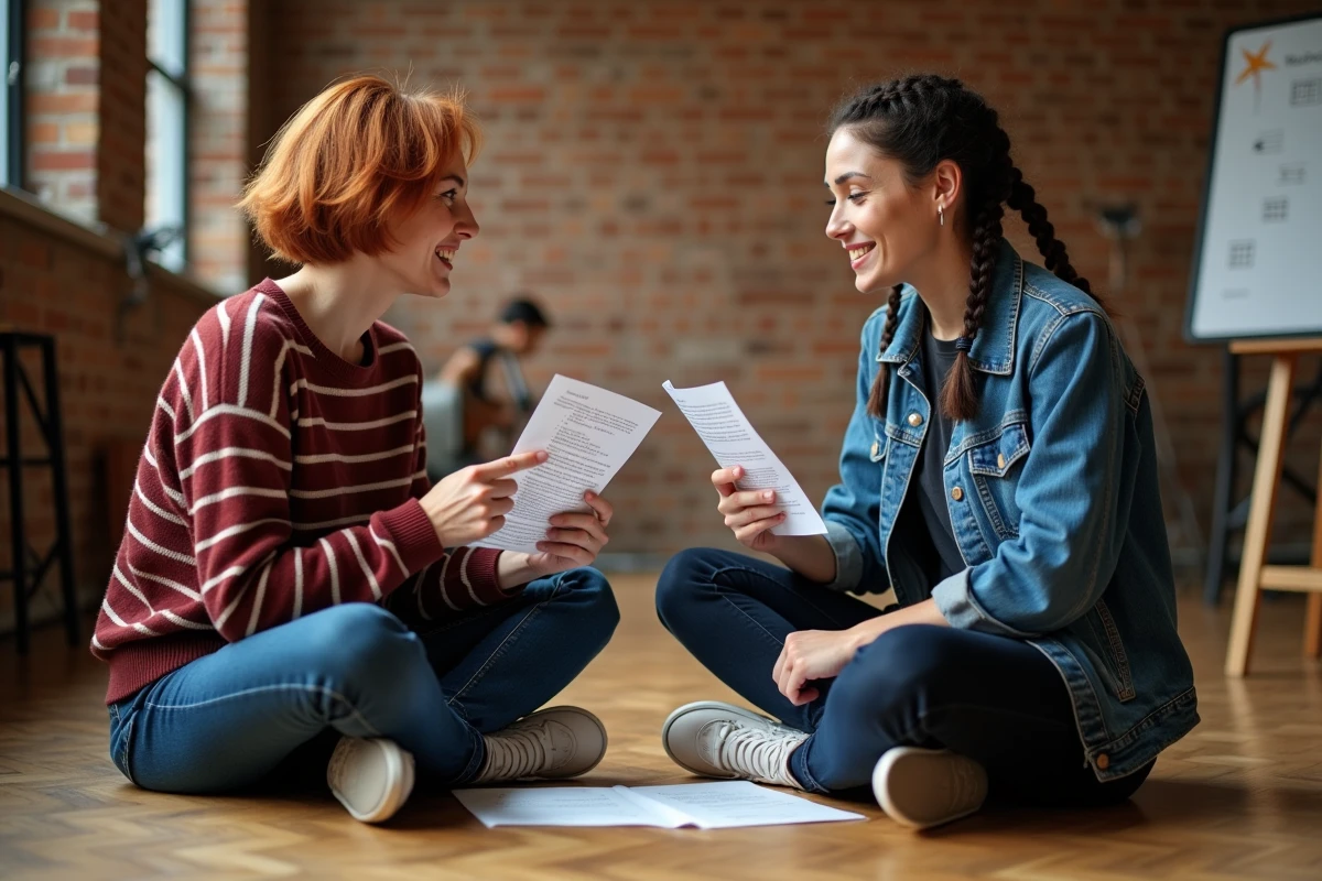 Deux musiciennes comparant différentes versions de paroles de chanson dans une salle de répétition en brique