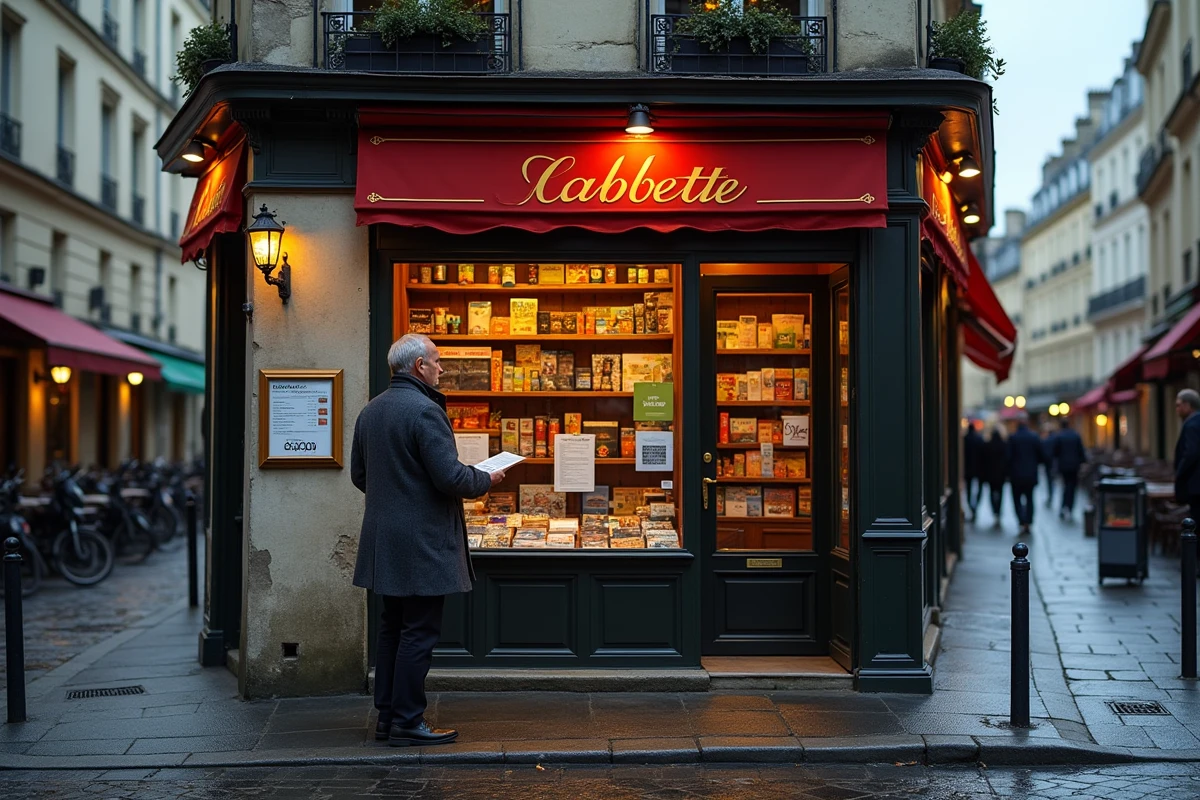 Devanture d'une civette parisienne traditionnelle avec enseigne tabac rouge et or la nuit