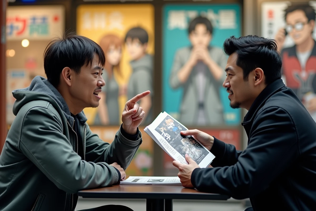 Deux hommes discutant de l'influence entre manga et anime dans un café d'Akihabara à Tokyo
