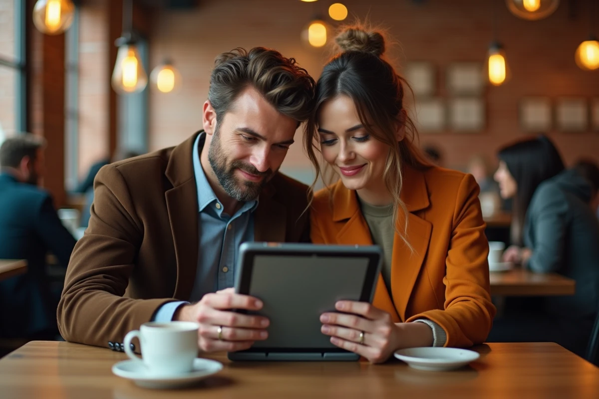 Couple comparant une application de streaming sur tablette dans un café moderne