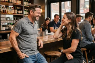 Homme au bar tentant une drague maladroite face à une femme amusée et sceptique