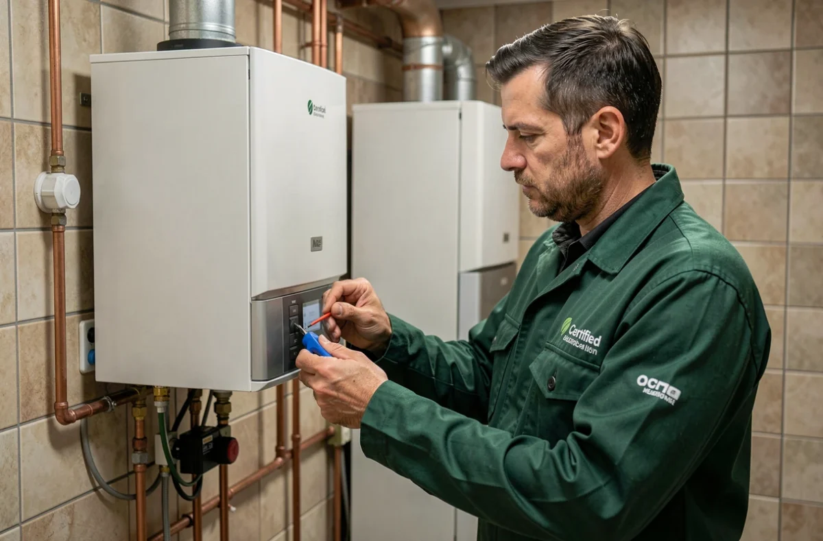 Technicien certifié Ecofluide Energie réalisant un diagnostic sur une chaudière à condensation à Ballan-Miré