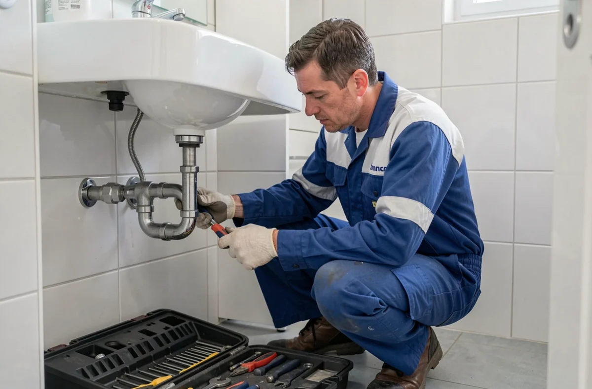 Technicien Ecofluide Plomberie Chauffage intervenant pour un dépannage sous un lavabo dans une salle de bain à Tours