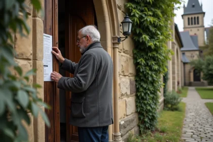 Homme lisant un programme de priere devant une eglise ancienne