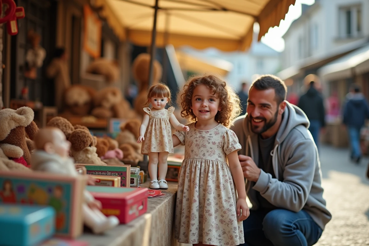 Fillette et son père découvrant une poupée ancienne sur un stand de jouets lors d'un vide grenier familial en Bretagne