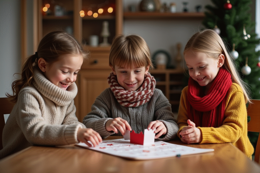 Trois enfants ouvrent un calendrier de l'avent dans un salon chaleureux