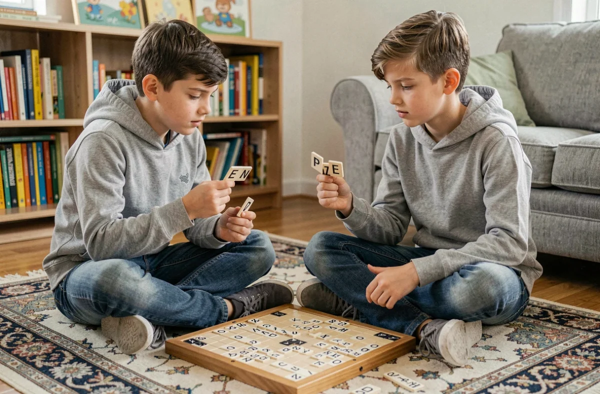 Deux garçons jouant au Scrabble assis sur un tapis de salon, apprenant les mots valides en s'amusant