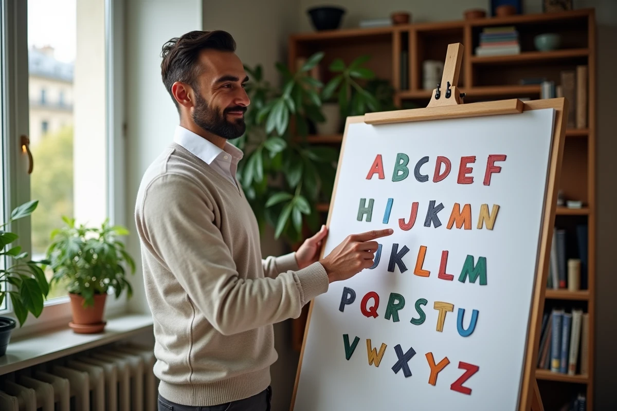 Professeur enseignant montrant l alphabet dans un environnement moderne