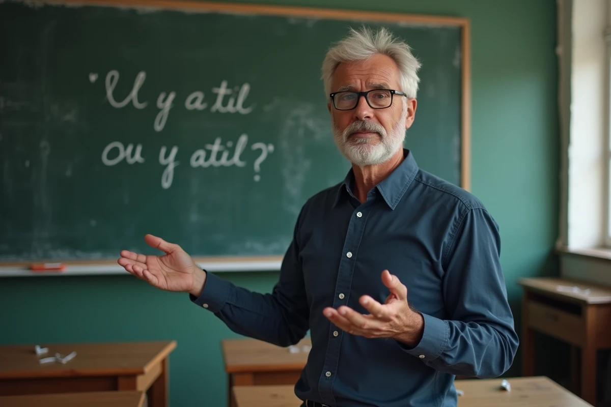 Professeur français expliquant la conjugaison devant le tableau