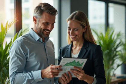 Businesswoman et businessman souriants en réunion d'investissement vert