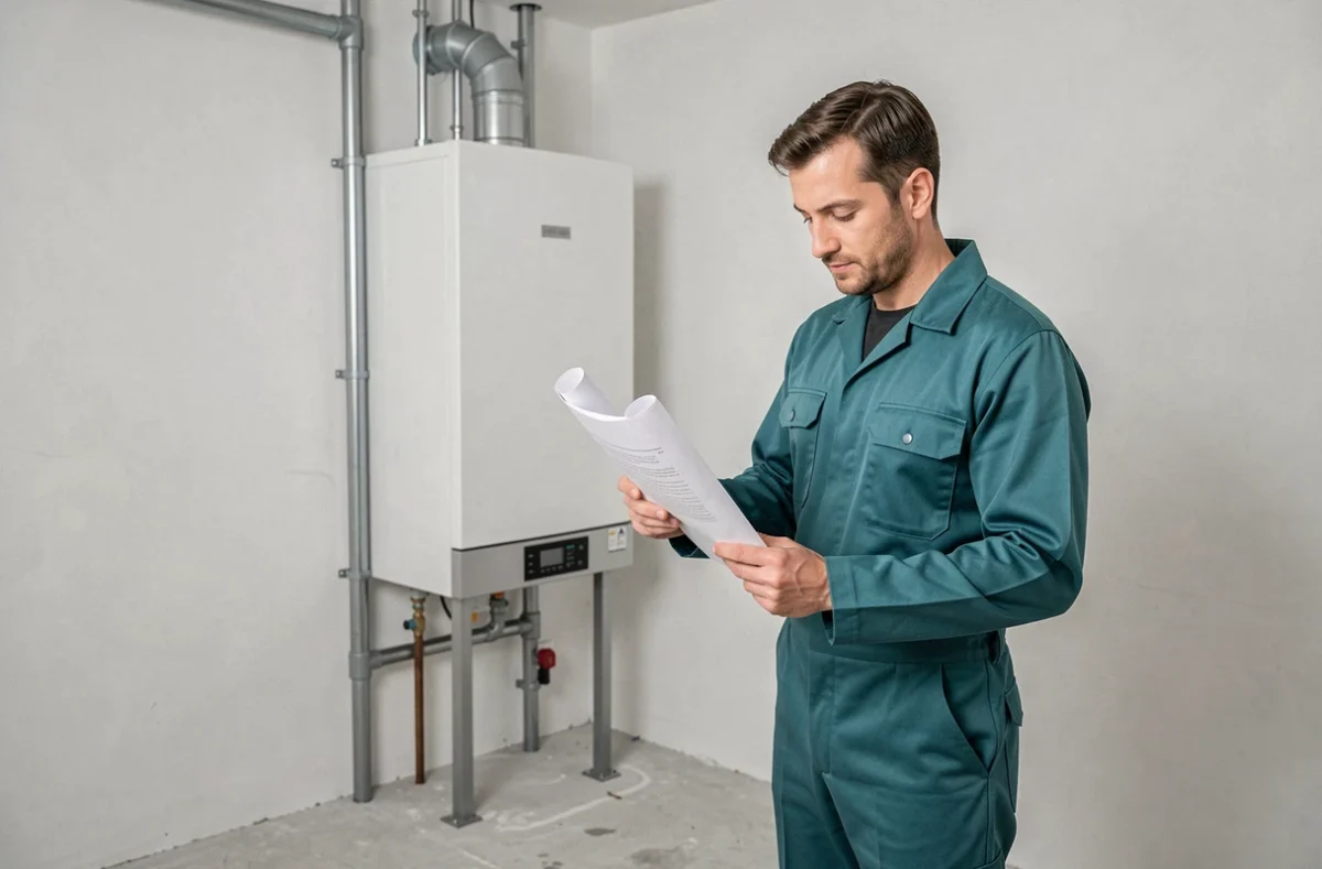 Technicien d'Essars Chauffe consultant des plans d'installation devant une nouvelle chaudière dans une maison neuve
