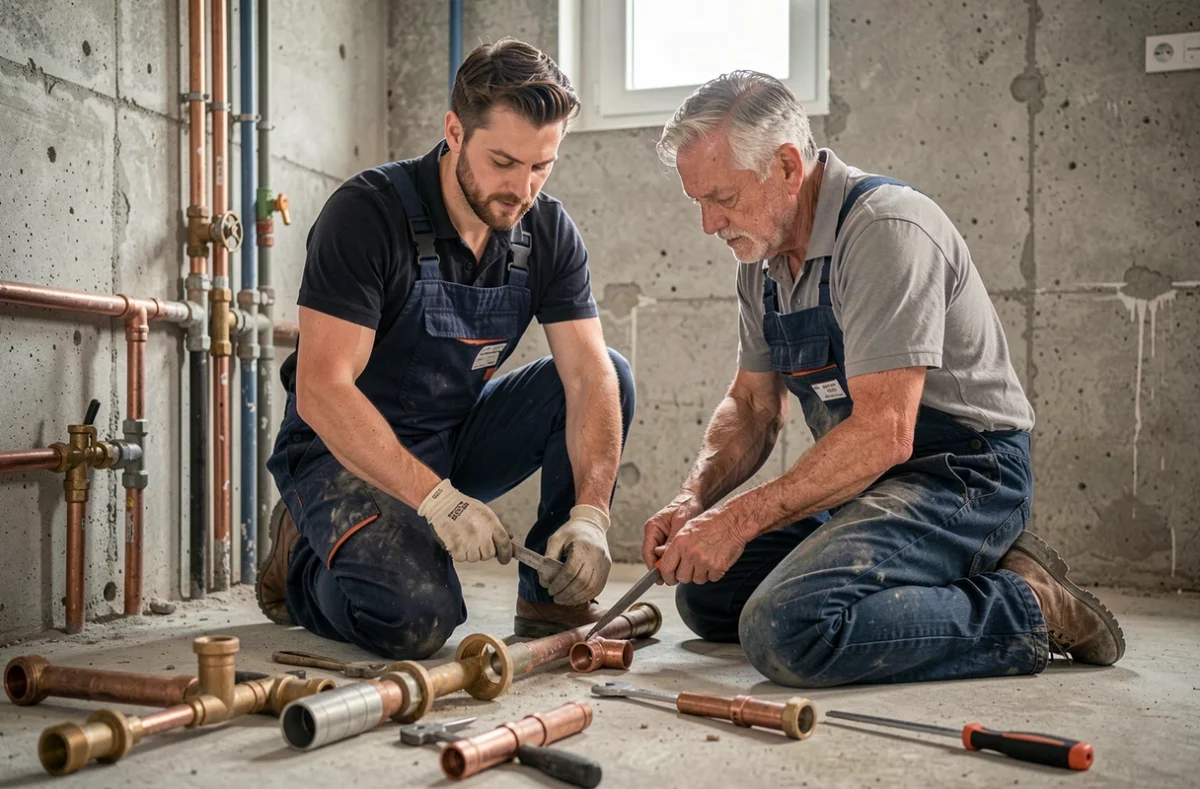 Deux artisans des Etablissements J M Meunier travaillant sur un chantier de chauffage et plomberie à Tours