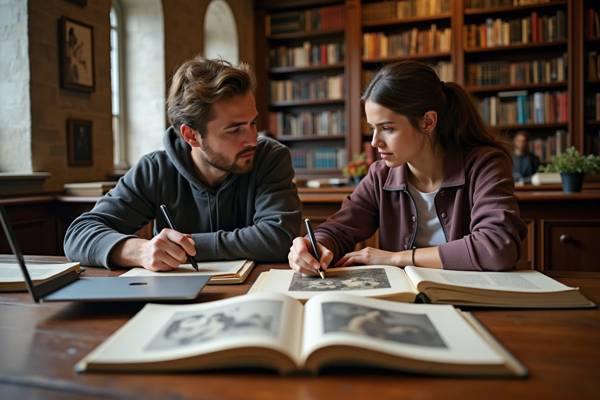 Deux étudiants en histoire de l'art comparant des reproductions d'œuvres classiques et contemporaines dans une bibliothèque universitaire